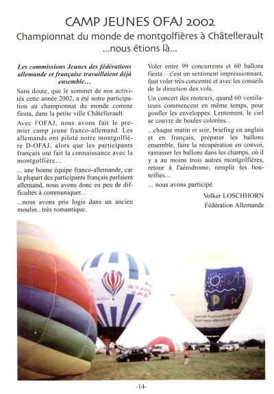 Artikel über das Vor-Jugendlager 2002 in der Aéronote, der Zeitschrift des französischen Ballonverbandes FFA.