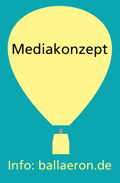 Einfache Grafik eines Heissluftballons mit der Aufschrift Mediakonzept und am unteren Bildrand Info ballaeron.de