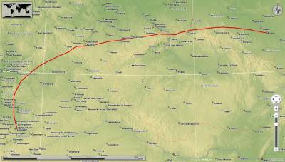 Die Fahrtstrecke des Gasballons D-OSTZ »Stuttgarter Hofbräu« von Stuttgart nach Opole auf der physikalischen Karte.
