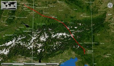 Ein mit dem Programm Marble erstelltes Satellitenbild mit rot einzeichneter Fahrtstrecke der Ballonfahrt von Stuttgart nach Slowenien.