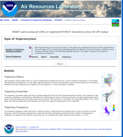 NOAA HYSPLIT Entry Form 1st step